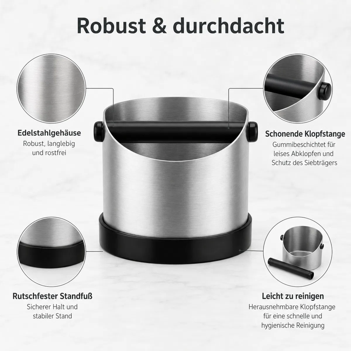 URMONA Knock Box per Espresso, Contenitore Fondo Caffè 1,3L in Acciaio Inox, Abklopfbehälter con Barra Rimovibile e Base Antiscivolo, Accessorio per Macchina Caffè Delonghi Sage Ninja (Argento)