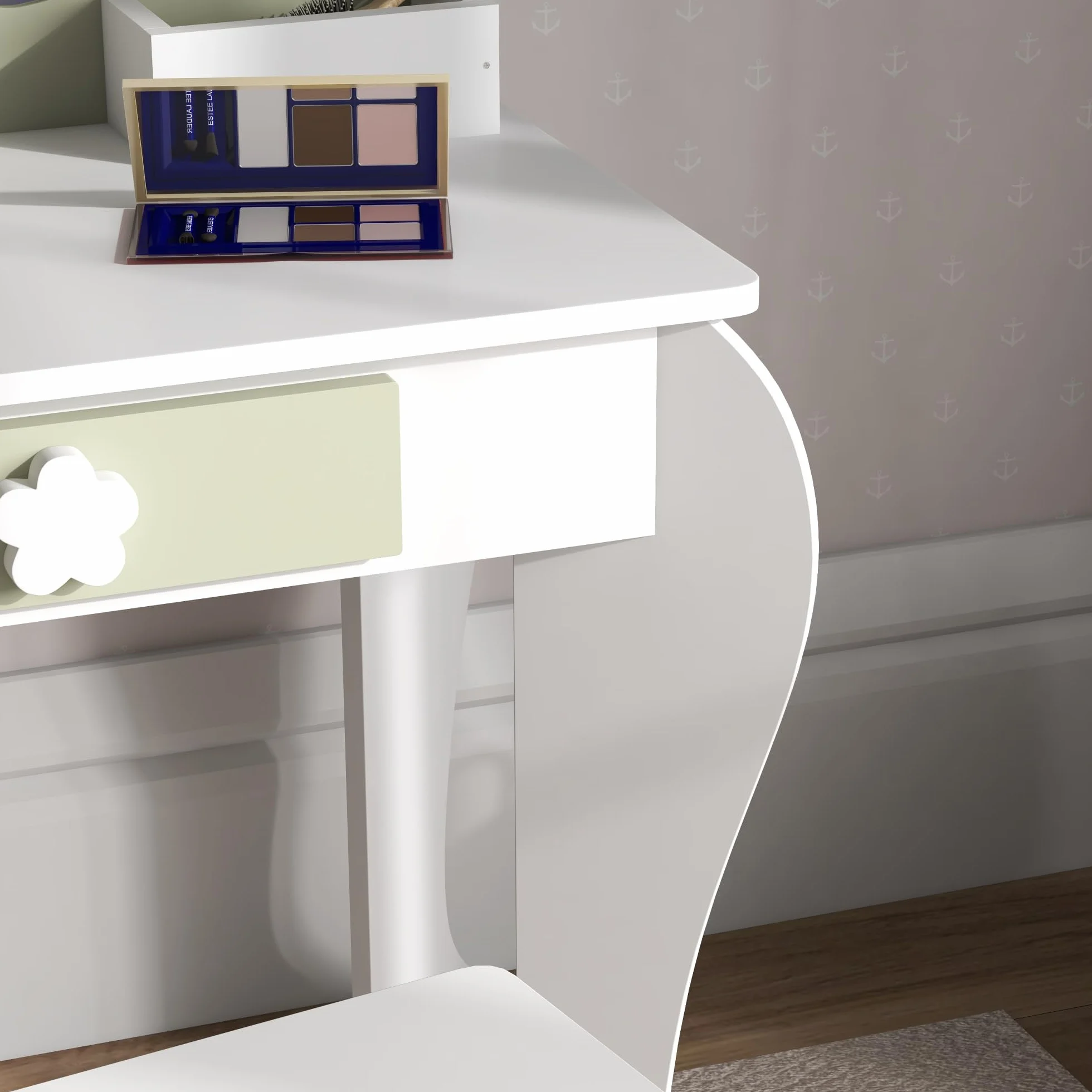 ZONEKIZ Set Toeletta con Specchiera Trucco per Bambina con Sgabello Abbinato, Tavolo Toeletta in Legno con Cassetto e Contenitori, Specchio a Fiore, Bianco
