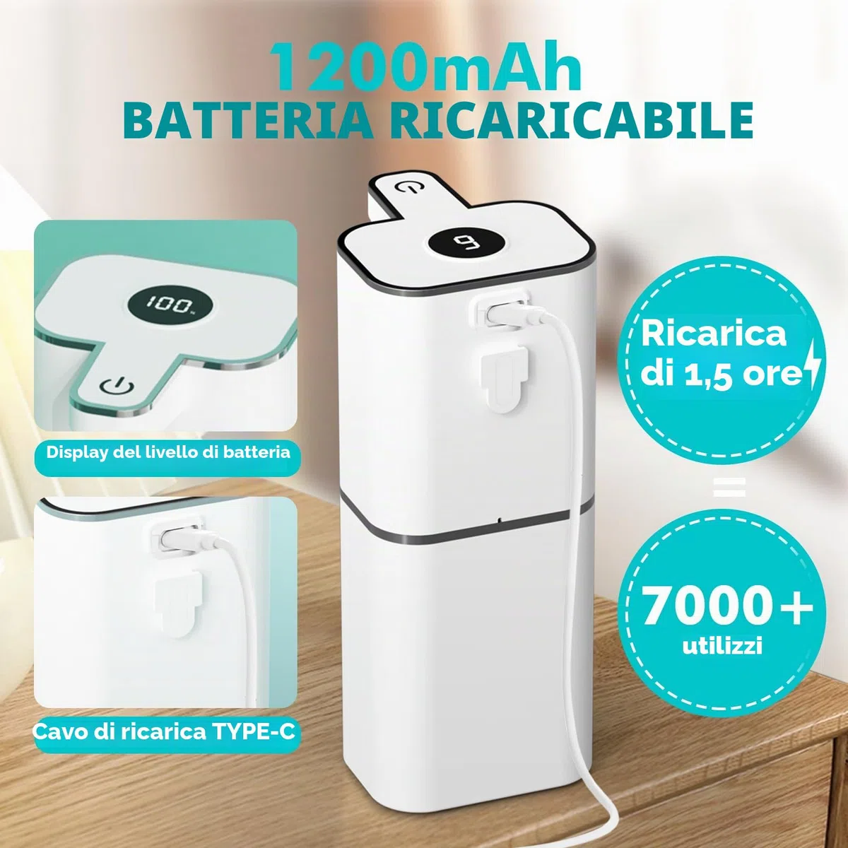 400ML Dispenser Sapone Automatico con Sensore con 2 ganci e cavo USB, 6 Livelli Regolabili Dispenser Sapone Bagno a Muro Bianco, IPX5 Impermeabile per Cucine, Bagno, Hotel, Ufficio, Servizi Iigienici