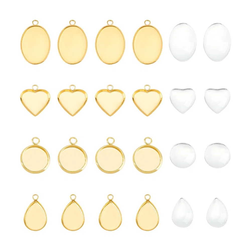 UNICRAFTALE Set 32 Pezzi Ciondolo In Acciaio Inossidabile con 4 Stili - Rotondo, Ovale, Cuore, Goccia con Lunetta Vuota e Cabochon In Vetro - Base Dorata