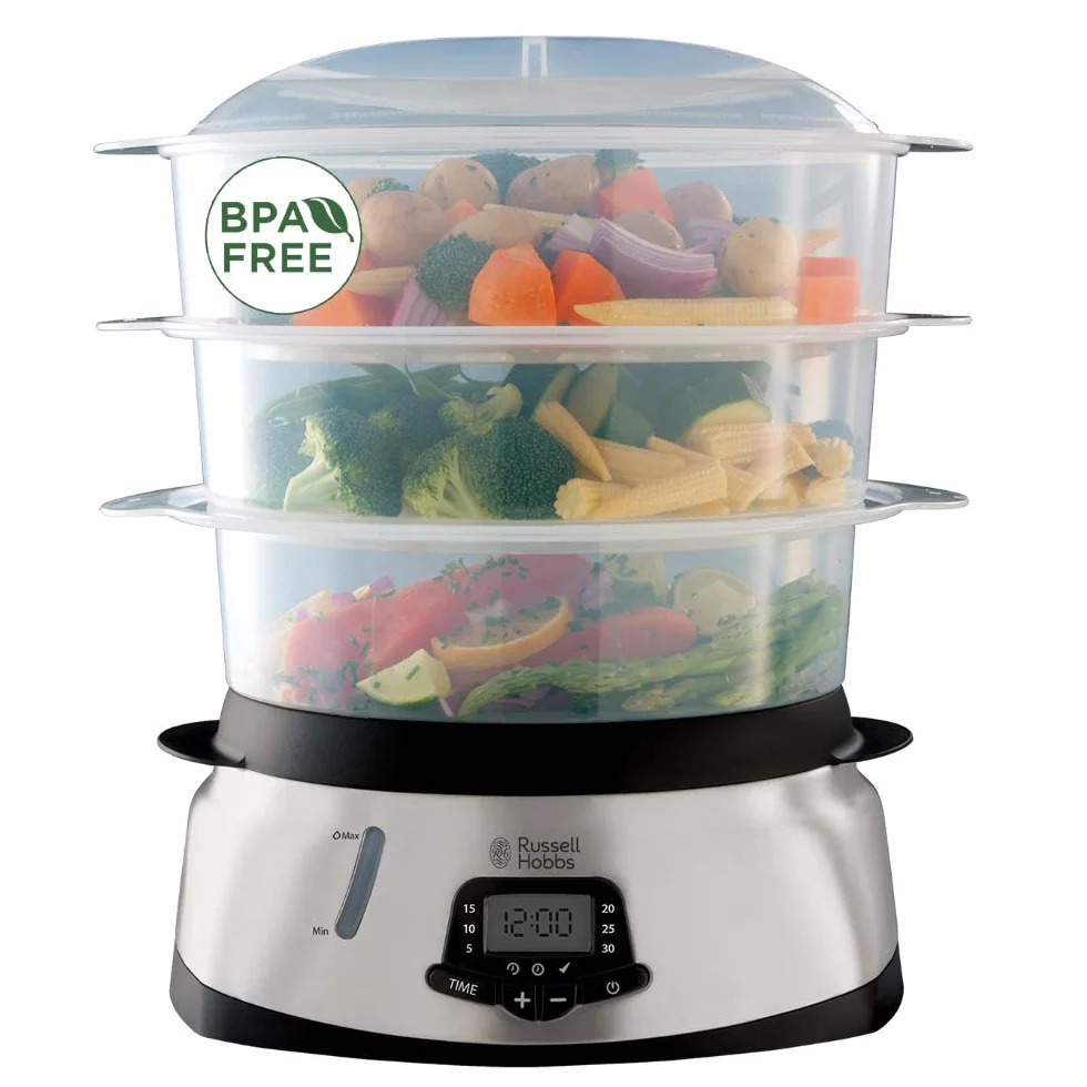 Russell Hobbs Vaporiera Digitale Multicottura, 3 Vaschette, 1000 W, Serbatoio Dell’Acqua Da 1.3 L, Maxi Cook, 23560-56, Nero, Acciaio, 10.5 Litri