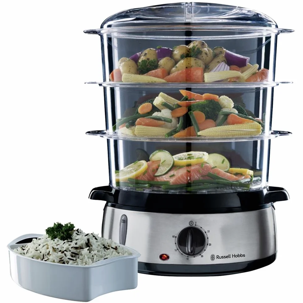 Russell Hobbs Vaporiera 9,0 l - Multicottura: 3 contenitori per cottura a vapore lavabili in lavastoviglie - Ciotola per Riso; 6 portauova; timer 60 minuti; Spegnimento automatico; No BPA, 19270-56