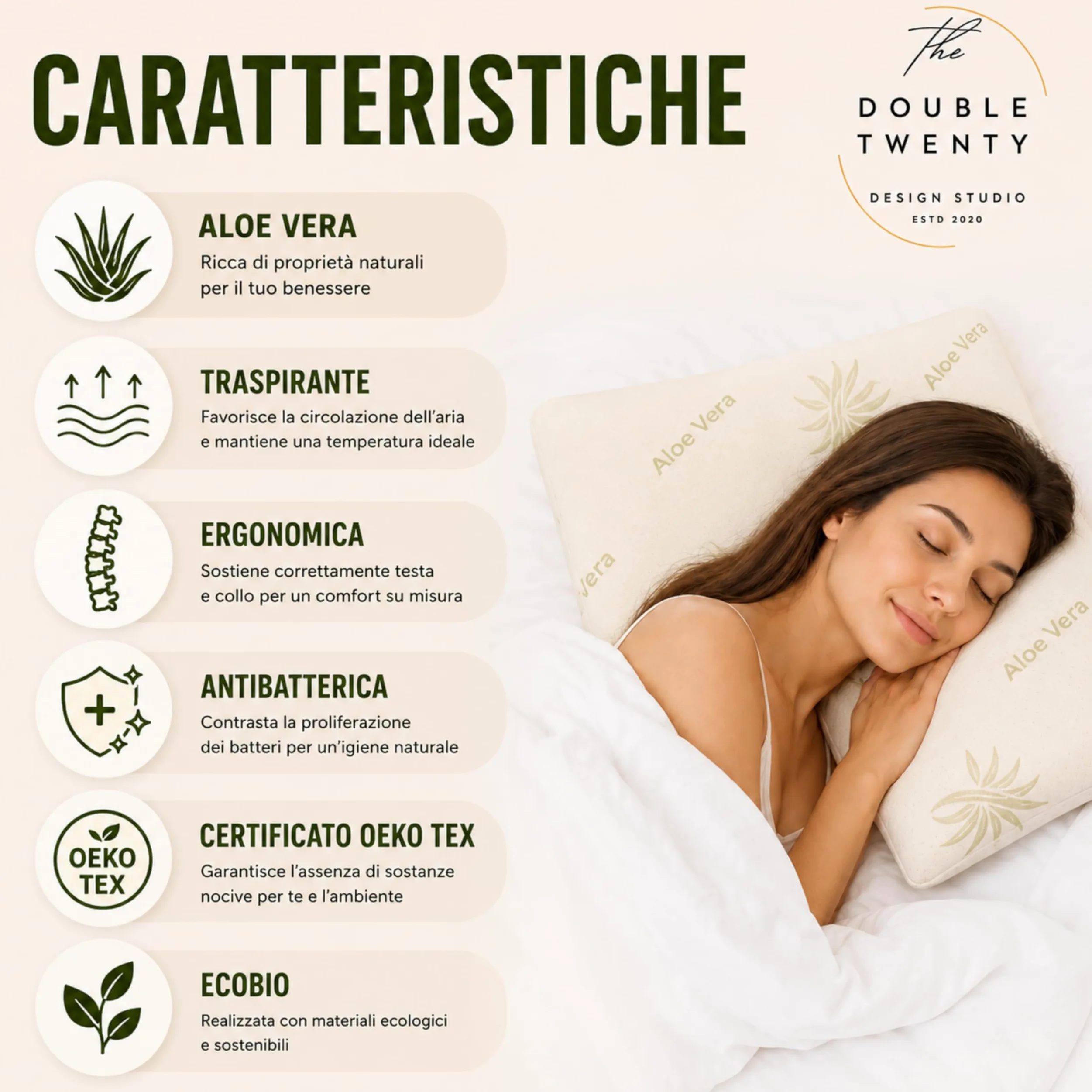 The Double Twenty | Cuscino Memory Foam BASSO 8 cm – Supporto Cervicale Ergonomico ad Alta Densità (Sostegno Deciso) – Modello Saponetta con Federa Aloe Vera – Ideale per Bambini e Posizione Supina