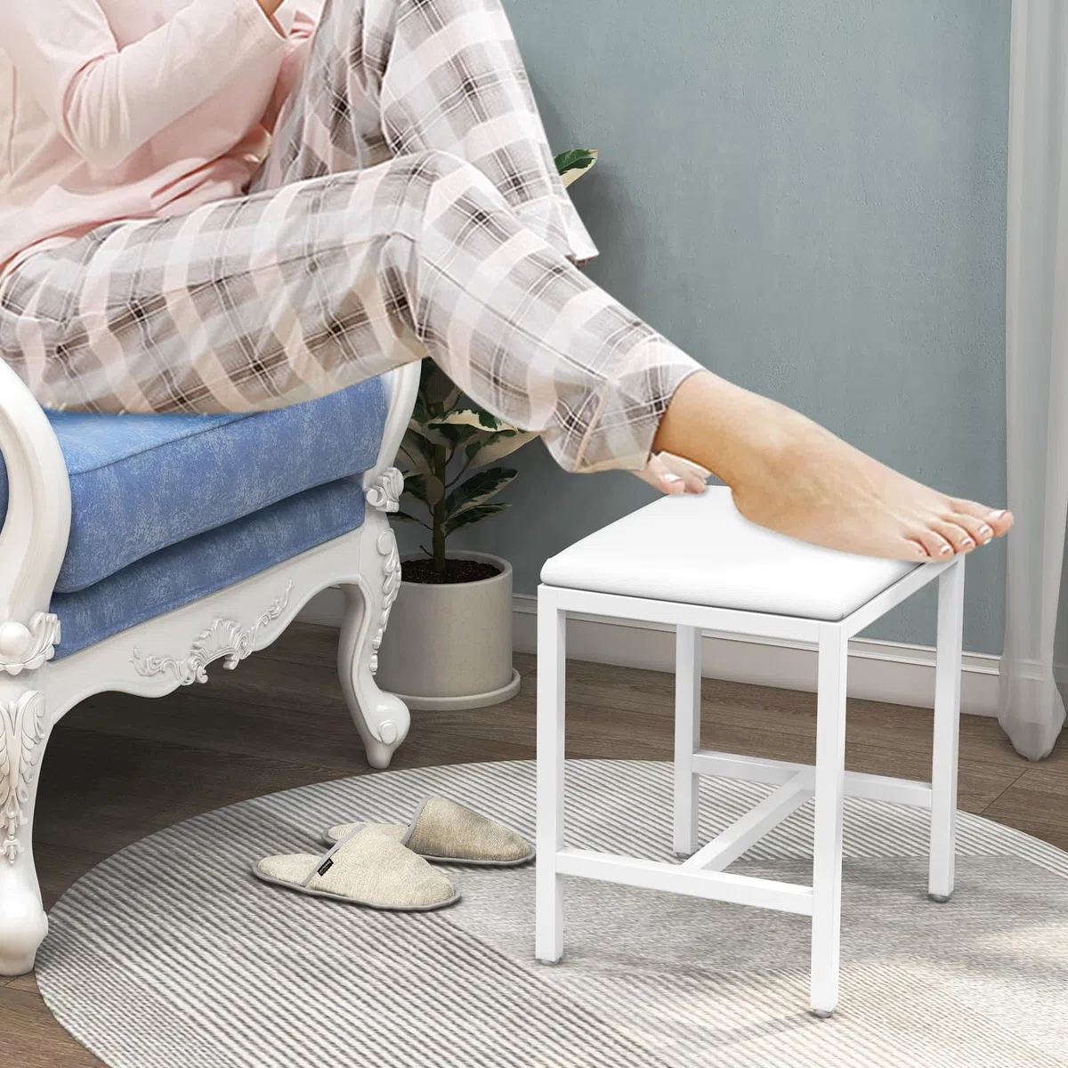 Sgabello da trucco bianco con cuscino, moderno sgabello cosmetico per camera da letto, sgabello imbottito Vanity, poggiapiedi per divano, sedia trucco