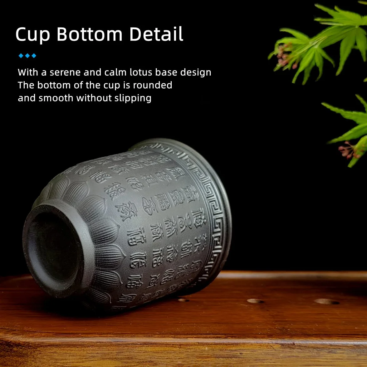 Set di 2 Tazza da Tè Giapponesi, Cinese Kung Fu Tazza da Tè Porcellana, Piccole Tazze da Senza Manico in Ceramica Tazze Rilievo in Testo di Buona Fortuna, Nero 160ML