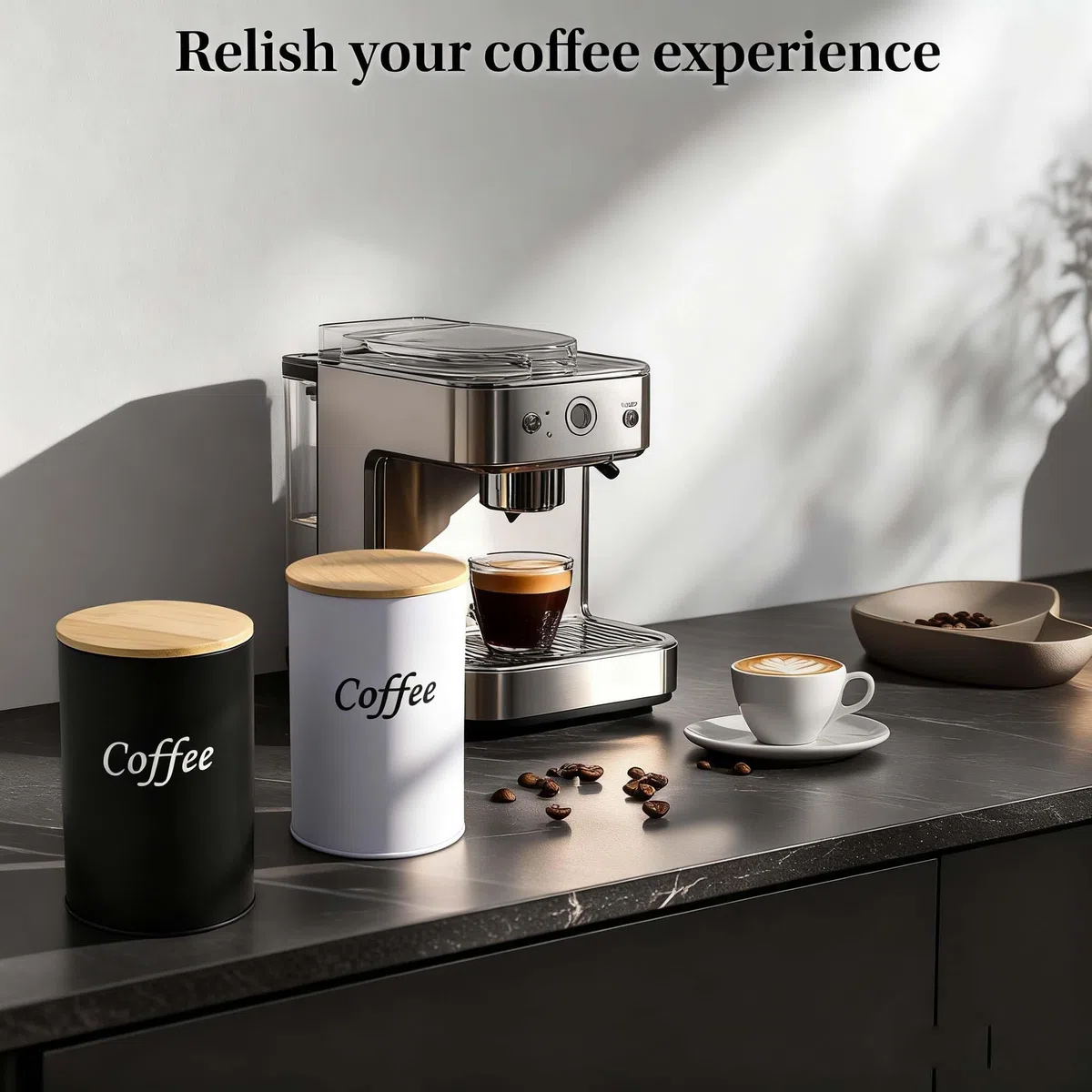 Set da 2 barattoli per caffè ermetici (Nero & Bianco), 1000 ml con coperchio in bambù – contenitori per chicchi di caffè, caffè macinato, capsule e cialde – ideale per cucina, coppie e amanti del cafè