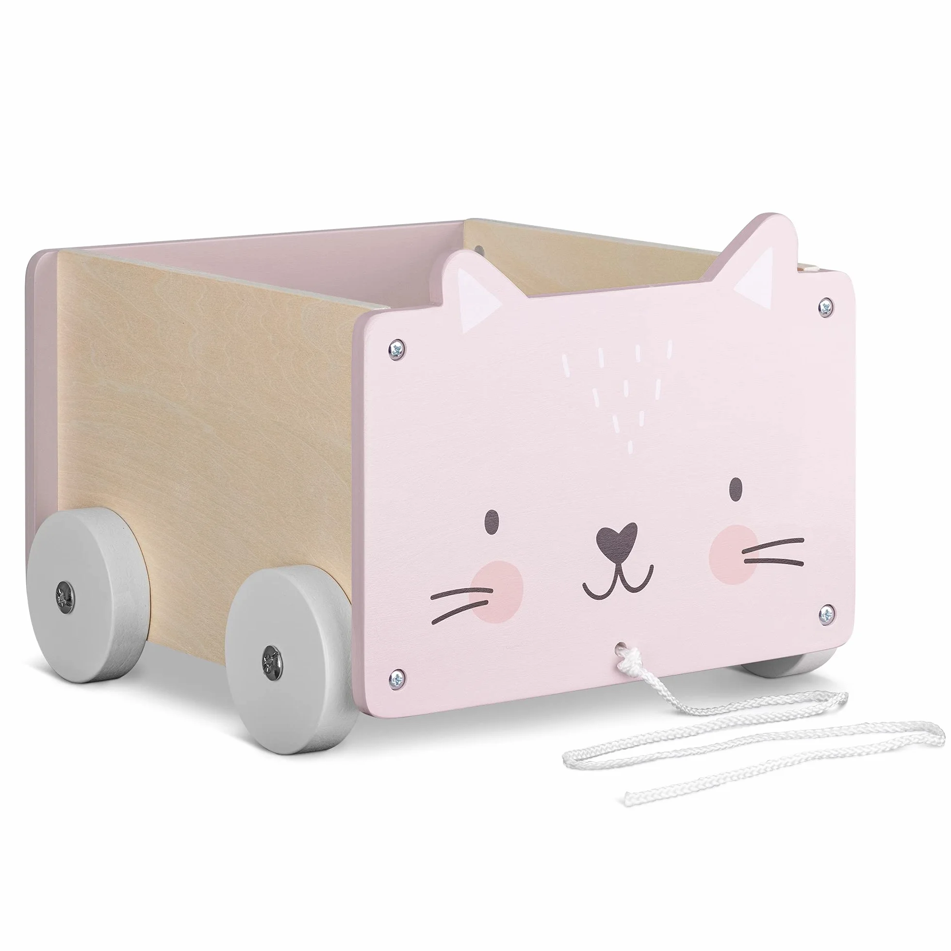 Navaris Cesta Portagiochi Bambini con Ruote - Contenitore Porta Giocattoli in Legno MDF - Toys Box Rettangolare Giochi Bimbi 5,5l - Design Gatto Rosa