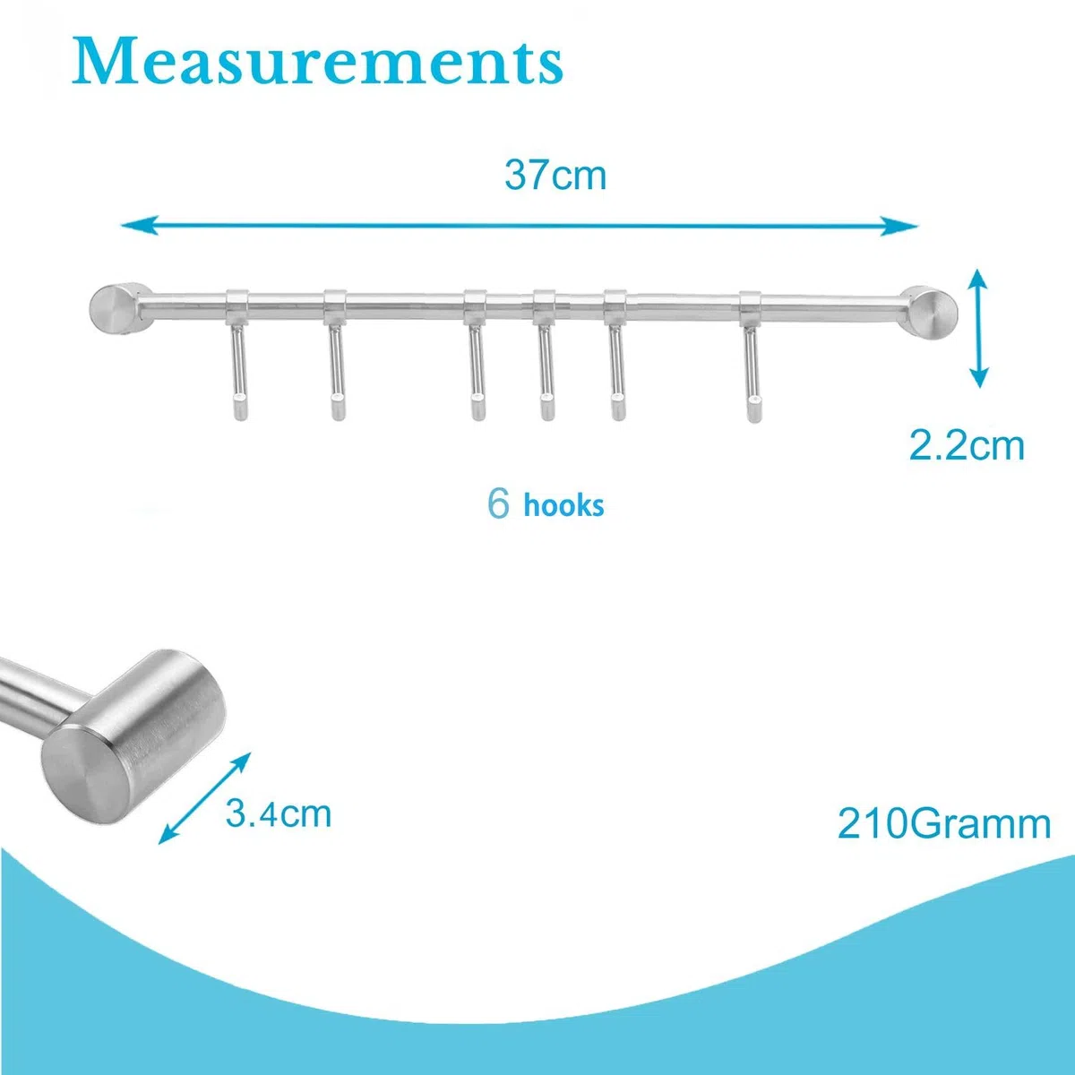 Intirilife Appendiabiti per la Cucina in Acciaio Inox con 6 Ganci mobili da forare - 35.8 x 3.4 x 2.2 cm - ringhiera Cucina Gancio Porta Utensili Cucina Asta Porta Bicchieri da Parete