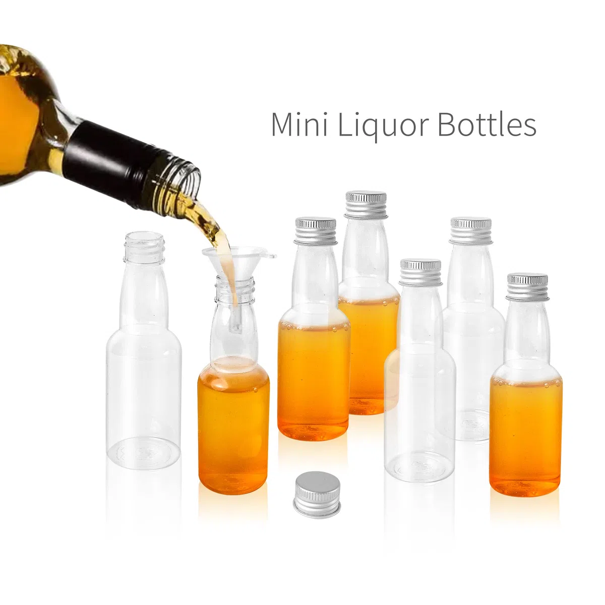 Confezione da 50 mini bottiglie per liquore, 60 ml di plastica con tappo a vite, riutilizzabili piccole bottiglie di liquore per matrimoni, feste, viaggi
