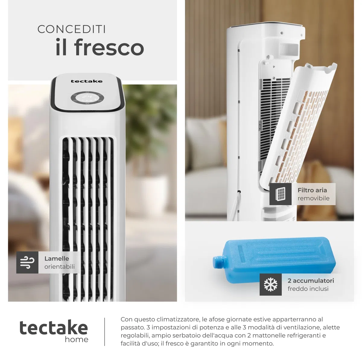 tectake® Raffrescatore d'aria 4in1, Condizionatore Portatile, Serbatoio 5L, 2 Siberini, Ventilatore a Torre, Purificatore, 3 Modalità, Telecomando Timer, Climatizzatore Portatile Silenzioso - Bianco