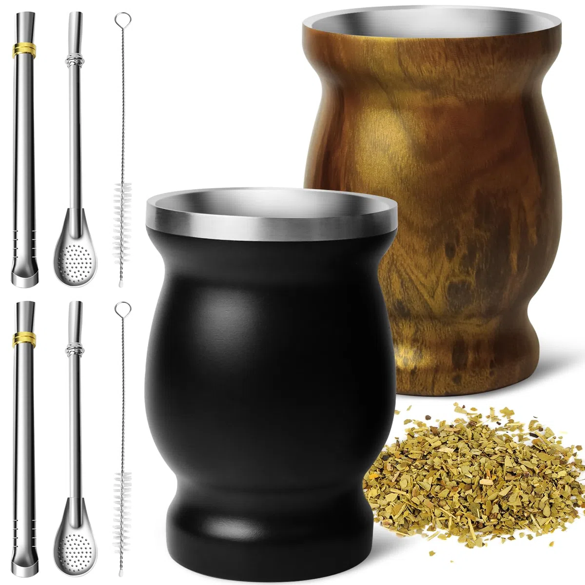 Artcome Set di 8 tazze in acciaio inox per Yerba Mate, 2 tazze da 240 ml in acciaio inox a doppia parete (nero e legno), 4 bombillas (cannuccia Yerba Mate), 2 spazzole, facili da pulire, solide e