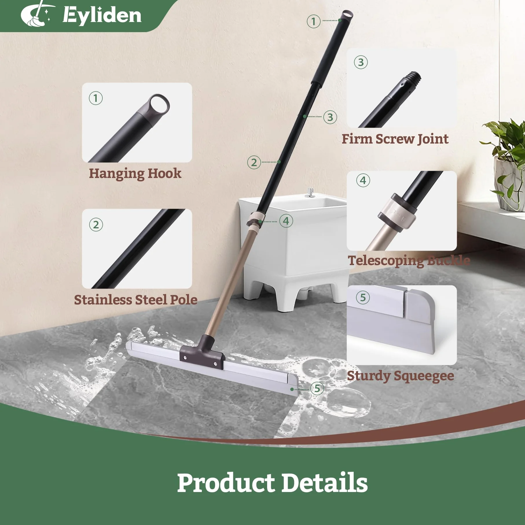 Eyliden Spazzola lavavetri per pavimenti, morbida spazzola lavavetri con manico telescopico, scopa domestica per doccia, bagno, cucina, piastrelle, vetro, finestre, marmo, schiuma ad acqua