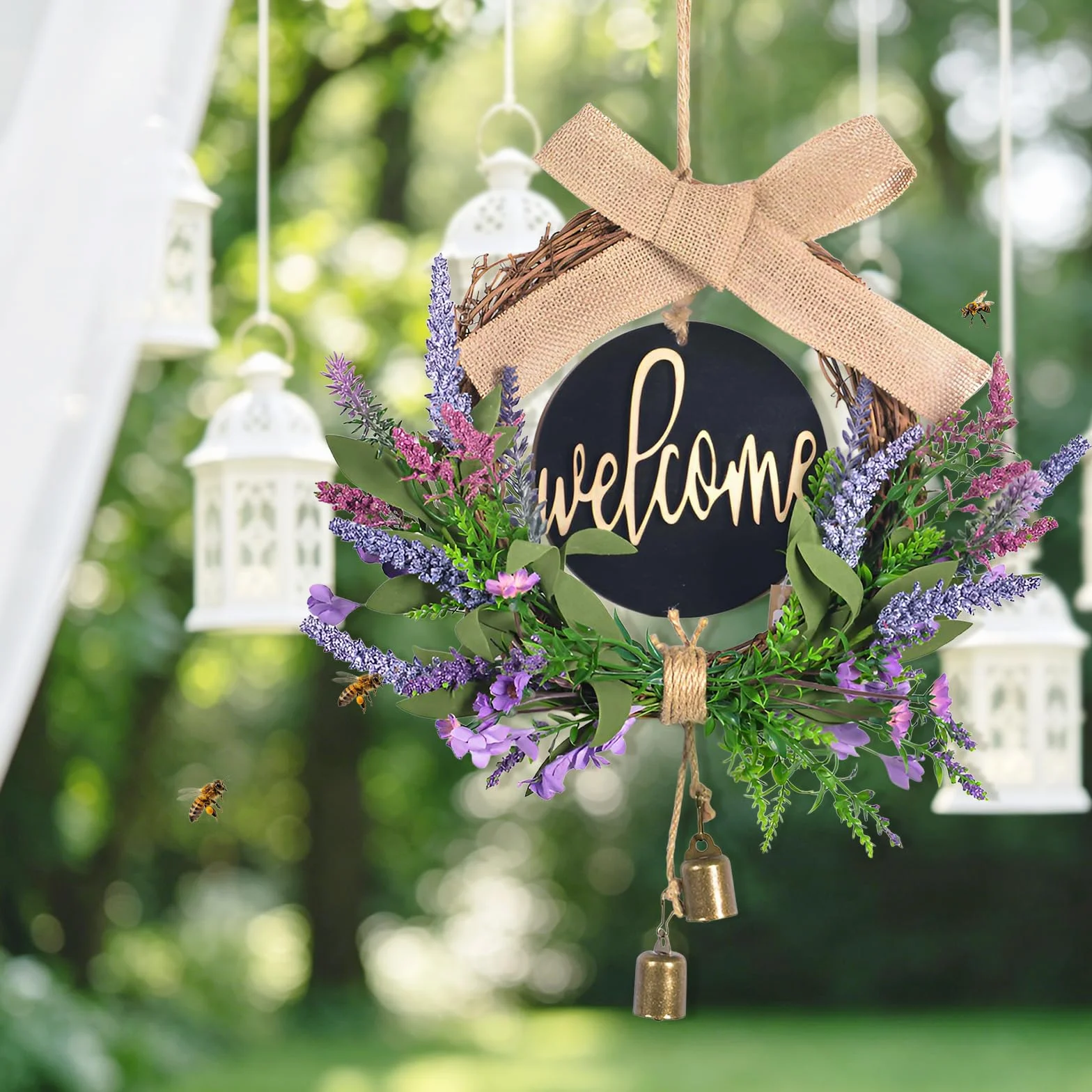 Ghirlanda Porta Ingresso 40cm Lavanda Ghirlanda Primaverile con Cartello di Registro "welcome" Decorazione Porta Ingresso con Archi e Campanelli Decorazioni Primavera Estate per Porte Finestre