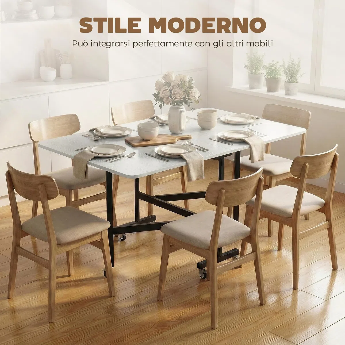 HOMCOM Tavolo da Pranzo Pieghevole, Tavolo Cucina a Ribalta con Ruote a Freno per 4-6 Persone, Scrivania Richiudibile con Struttura in Acciaio, per Soggiorno, 120x80x73 cm, Bianco Effetto Legno