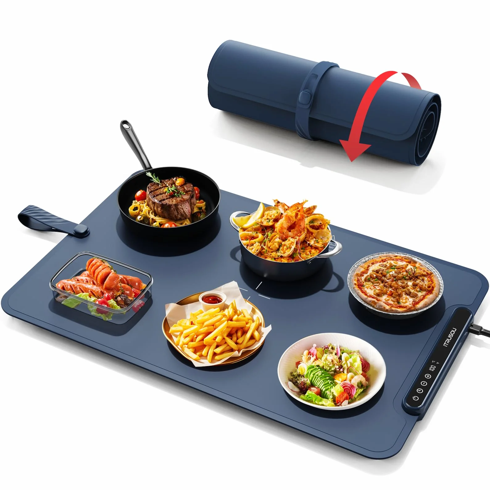 Scaldavivande, vassoio riscaldante, arrotolabile e portatile,Nano-materiale in silicone premium, Piastra Riscaldante per Alimenti iTRUSOU, Tappetino Elettrico con Timer 1-99H, 7 Temperature