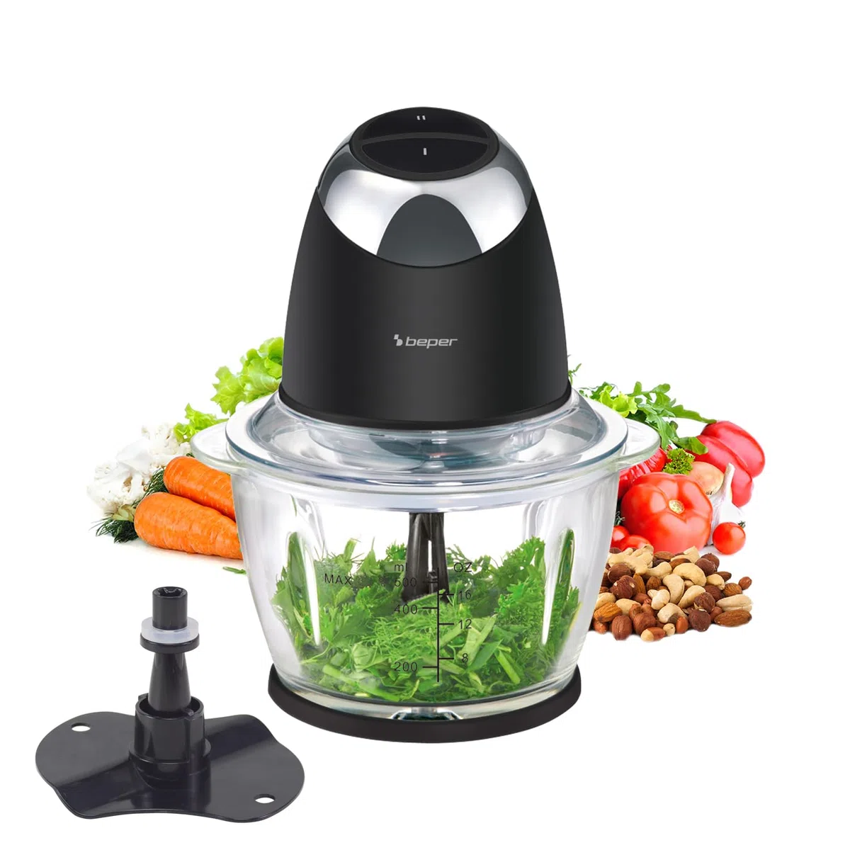BEPER P102ROB003 Tritatutto Elettrico Chop&Whip con Contenitore in Vetro 500ml, Lame in Acciaio Inox, 2 Velocità, Accessorio per Emulsionare e Montare la Panna, Compatto, Sicuro e Facile da Pulire