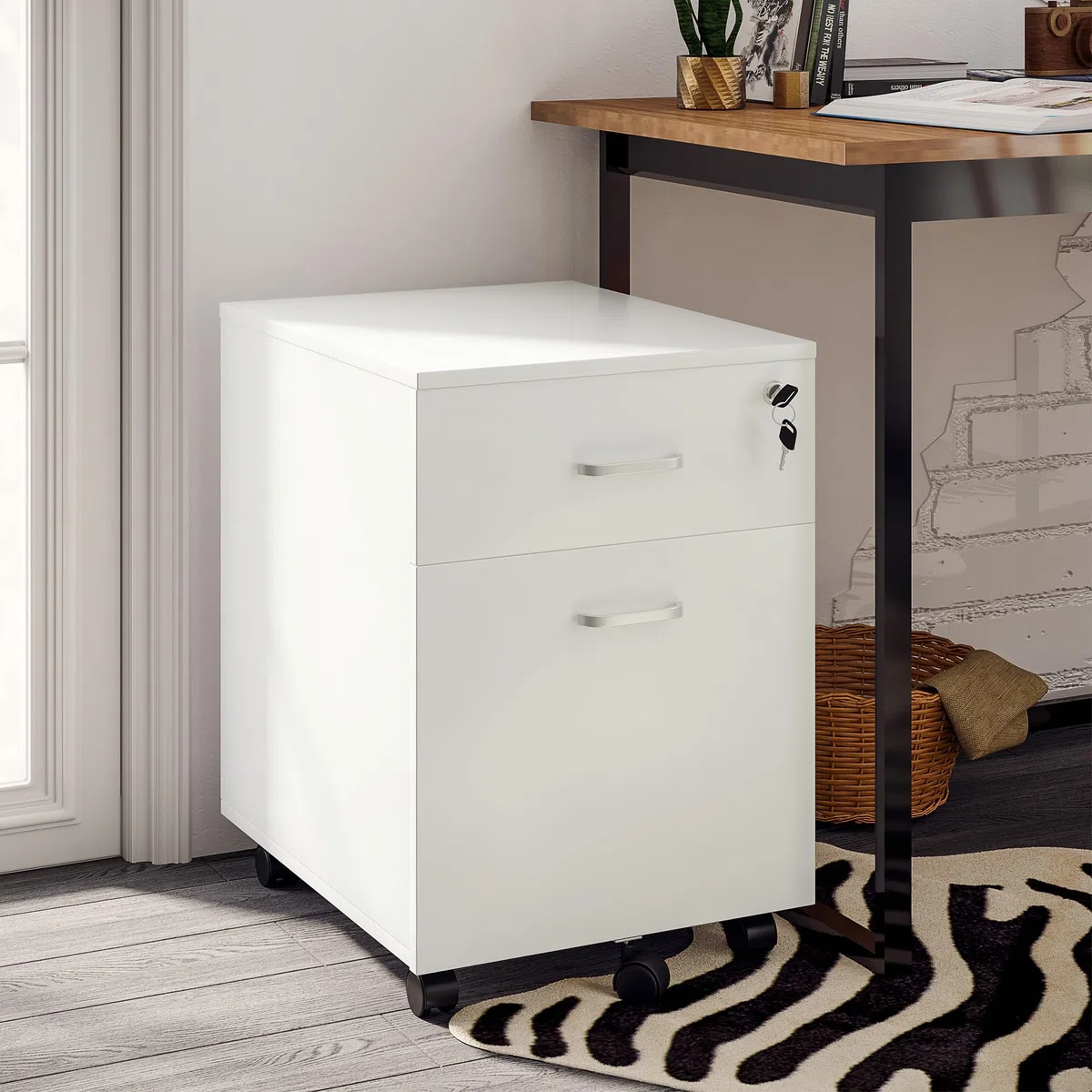 Vinsetto Cassettiera Ufficio con 2 Cassetti e 5 Ruote, Schedario da Ufficio in Legno con Serratura Porta Documenti Cartelle, Ideale per Soggiorno, Studio, 40x49x58 cm, Bianco