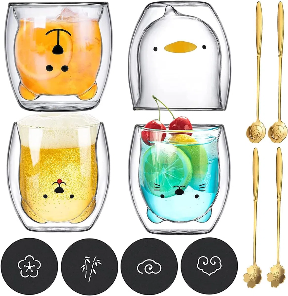 Set da 4 Pezzi Tazze per Gatti Carine in Vetro a Doppia Parete, Simpatica Tazza per Animali Con 4 Cucchiai e 4 Sottobicchieri, Tazza di Caffè Resistente al Calore