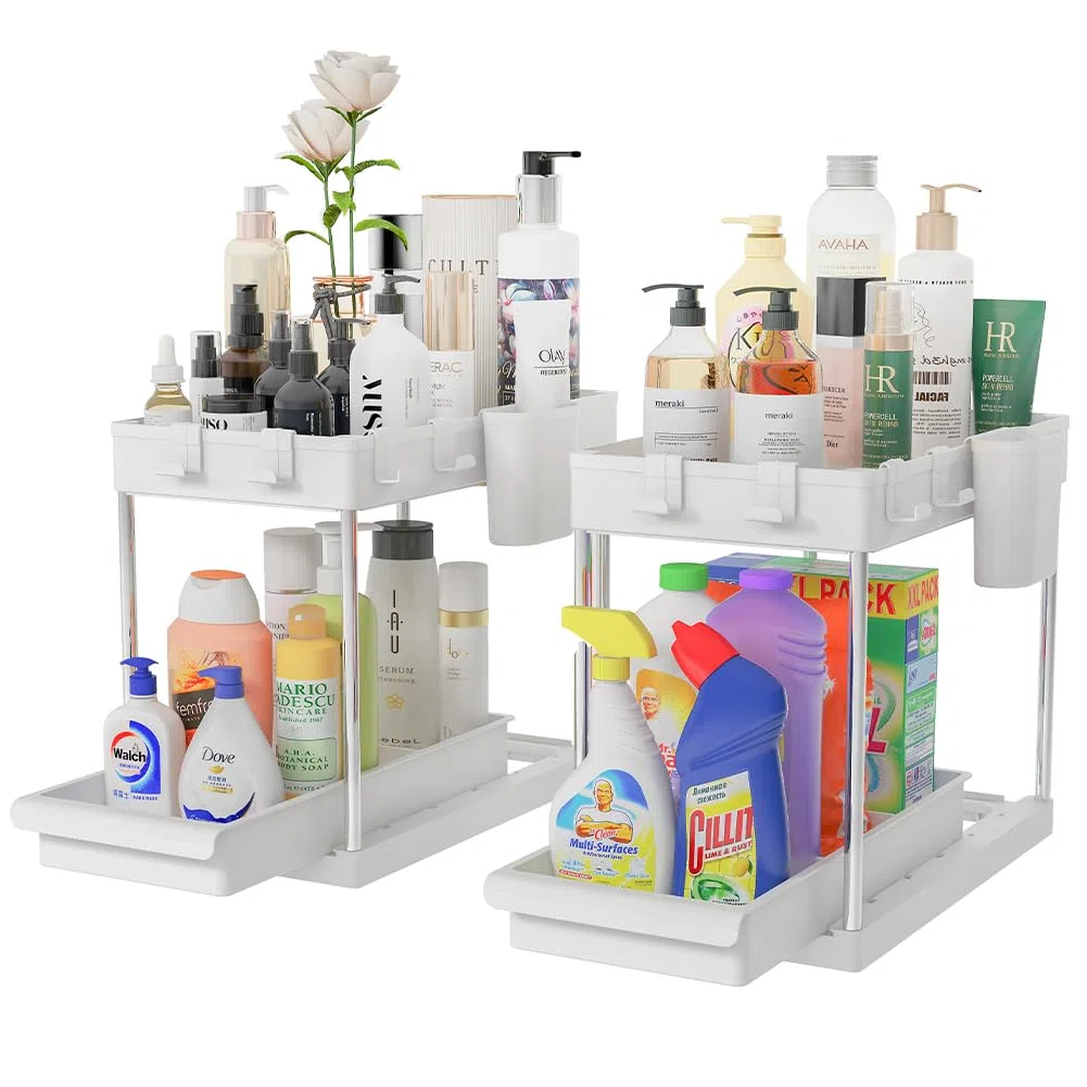 BAKAJI Set 2 Organizer Sottolavello per Bagno e Cucina con Cassetto Scorrevole, Scaffale Cestello Scorrimento Salvaspazio 2 Ripiani, Scaffalatura Sotto Lavello Portaoggetti Ripiano Estraibile (Bianco)