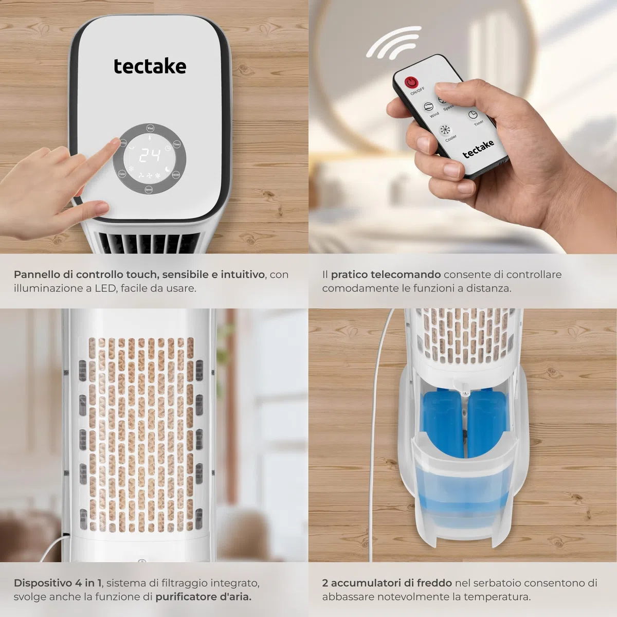 tectake® Raffrescatore d'aria 4in1, Condizionatore Portatile, Serbatoio 5L, 2 Siberini, Ventilatore a Torre, Purificatore, 3 Modalità, Telecomando Timer, Climatizzatore Portatile Silenzioso - Bianco
