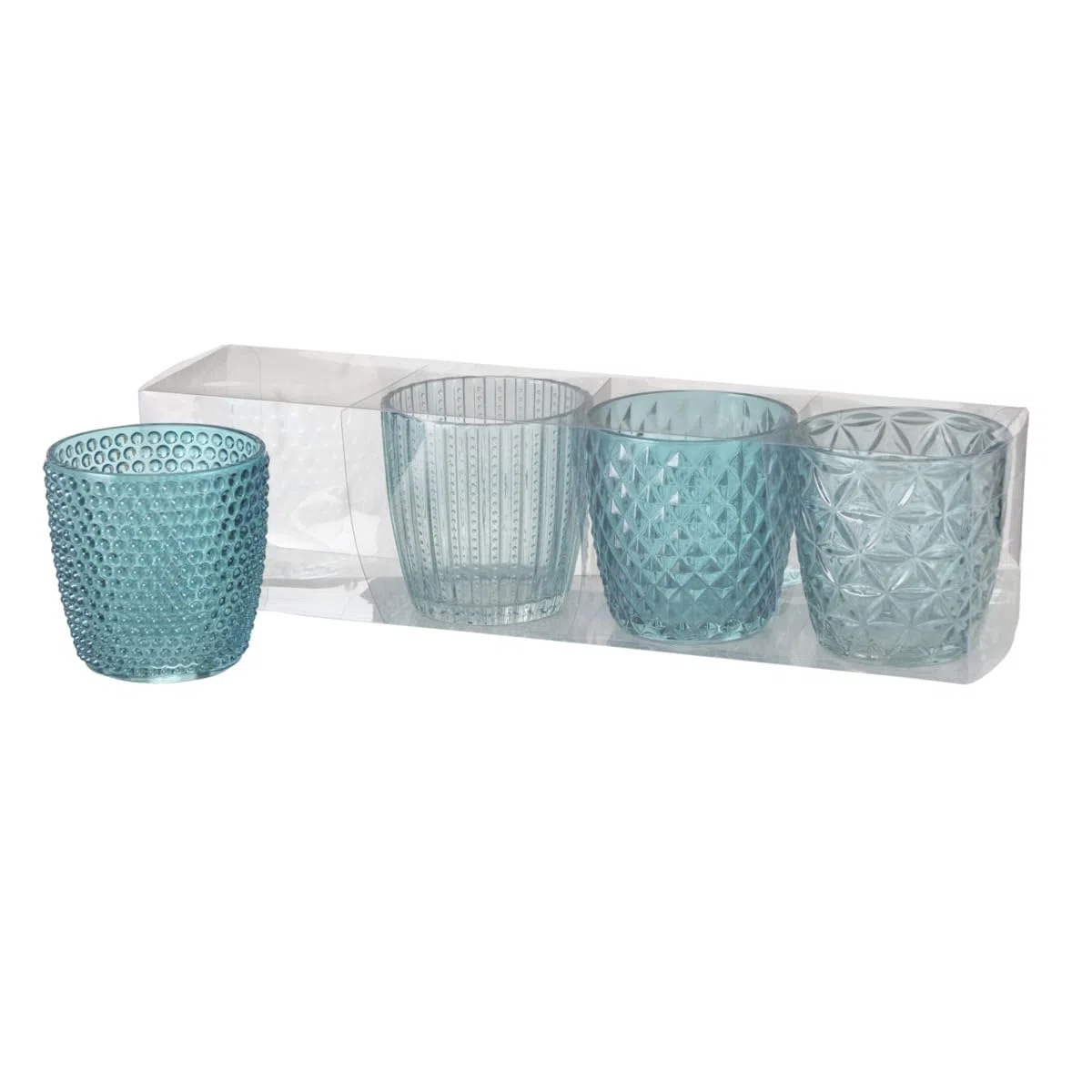 BOLTZE Marilu 2019848 - Set di 4 portacandele (Blu, Bicchieri Decorativi per Candele/lumini, Ø 8 cm, Diversi Motivi, Forma Rotonda, portacandela)