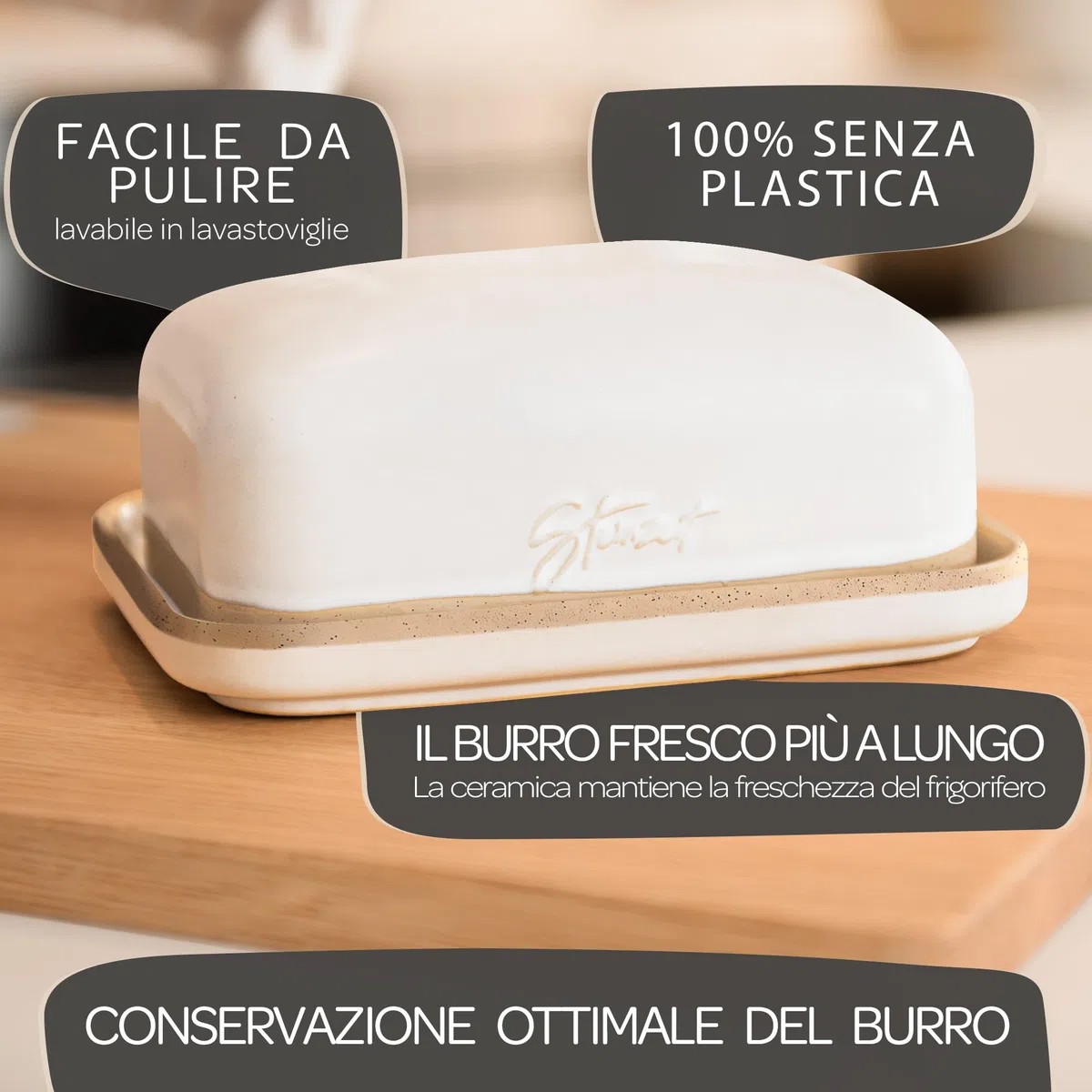 Steinzeit Burriera Design - Porta burro da frigorifero - burriera in ceramica per tutti i tipi di burro comuni (250 g) - Piatto per burro adatto alla lavastoviglie - portaburro da frigo