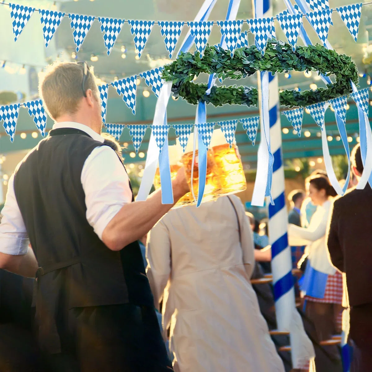 Decorazione fai da te per Oktoberfest fai da te, ghirlanda decorativa bavarese, albero di maggio con Oktoberfest, per feste di birra, giardino di casa, bar, blu/bianco