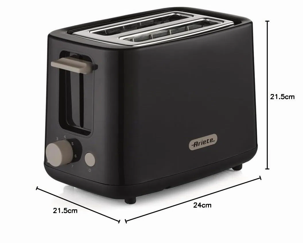 Ariete 157 Tostapane Breakfast, 760W, Capacità 2 fette di pane, Pinze in acciaio inox, 7 livelli di doratura, Pulsante stop, Tocco freddo, Dark Grey