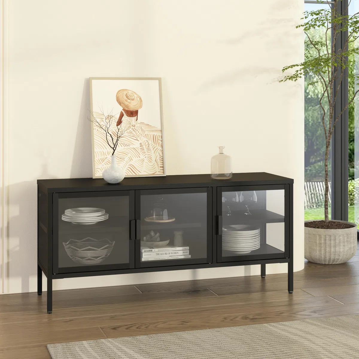 [en.casa] Armadietto con Vetrina Mobile TV in Acciaio Nero con 3 Ante in Vetro Temperato Mobile Contenitore Moderno per Soggiorno Ufficio 55 x 118 x 35 cm