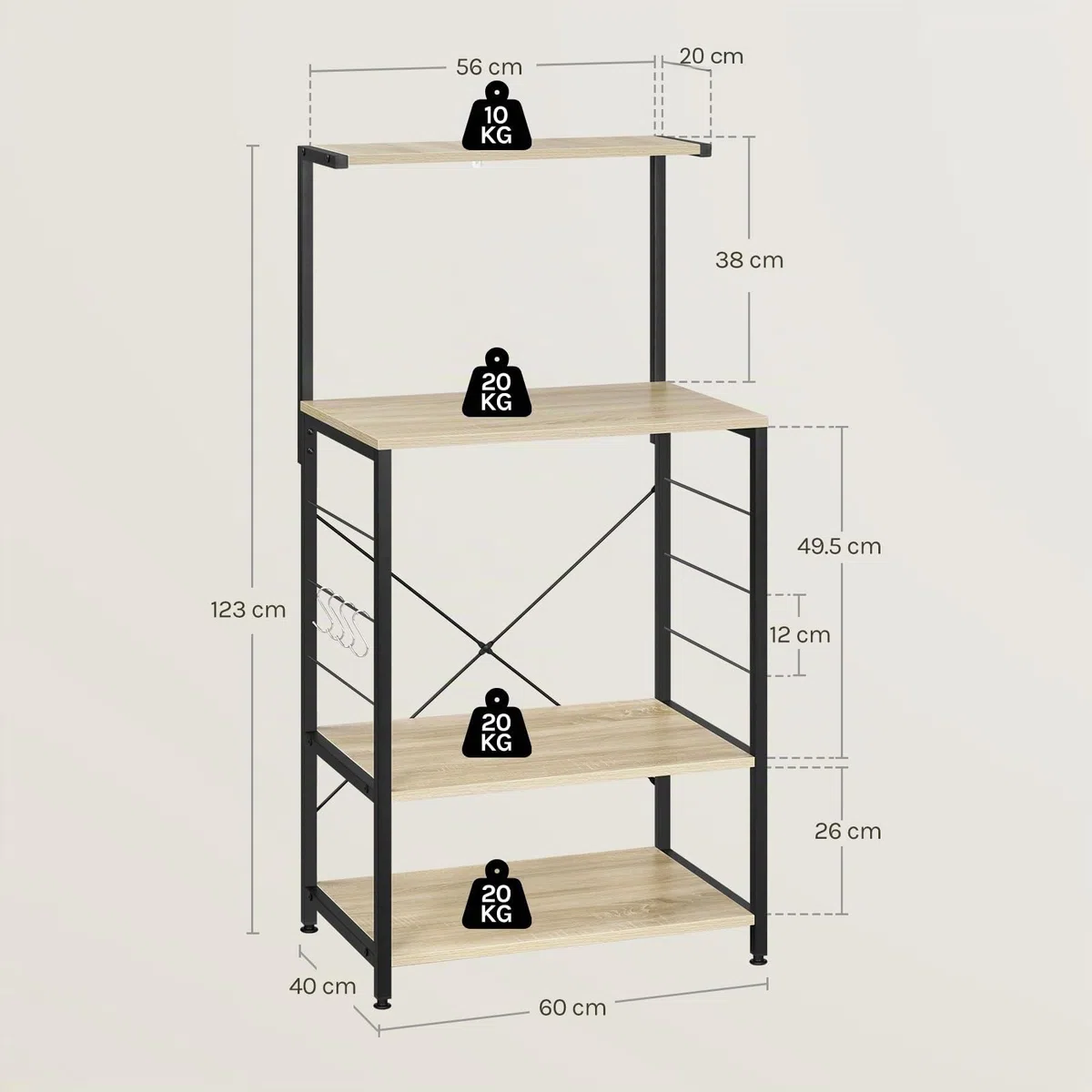 WOLTU Scaffale per Cucina in Acciaio Legno 4 Ripiani Carrello per Microonde Scaffalature Organizzatore 60x40x123 cm
