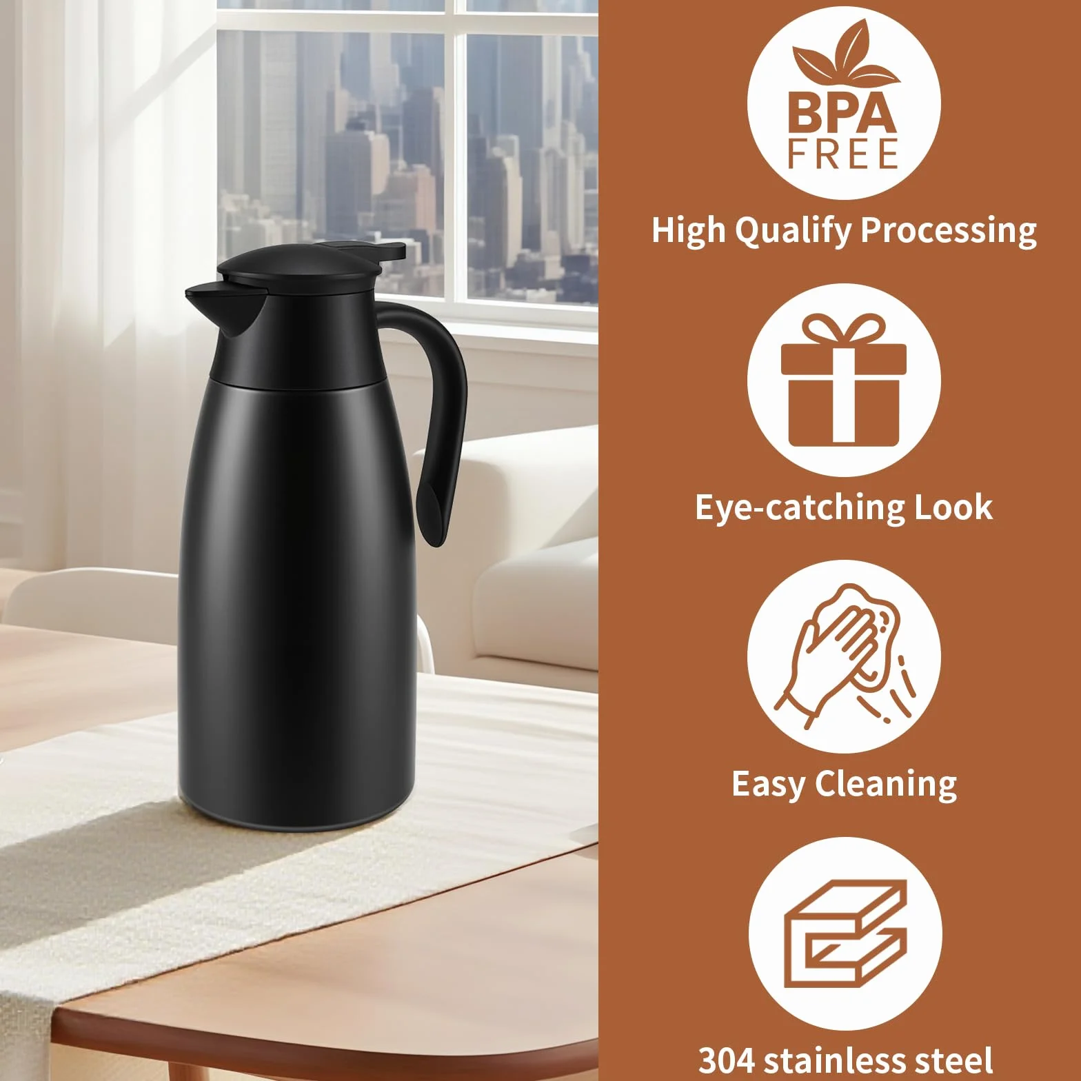 2 Litri Caraffa Termica, Caffe Acciaio Inox 304 Bollitori Sottovuoto Isolati, Si Mantiene Caldo per 24 Ore per il Caffè, Tè e altre Bevande Calde e Fredde, Nero
