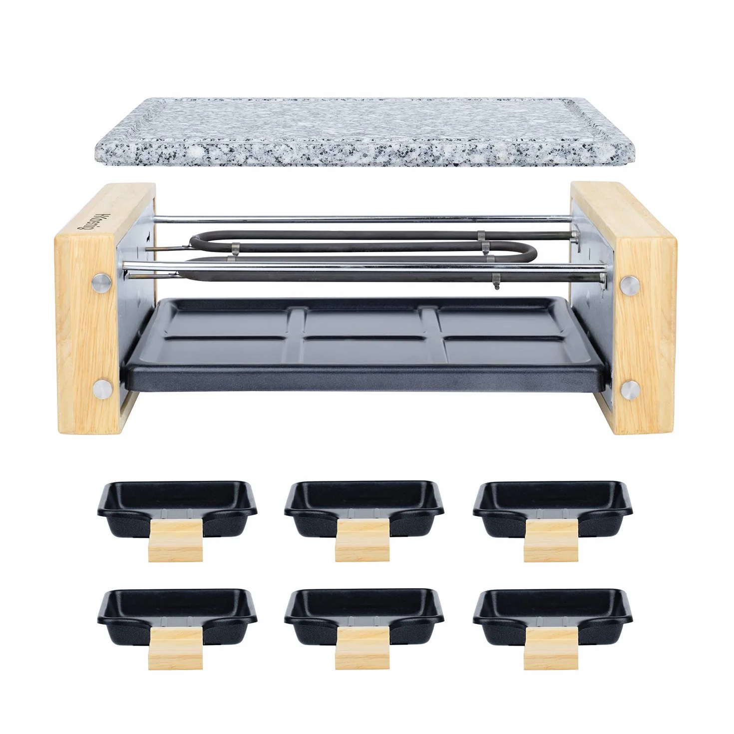 H.Koenig Apparecchio multifunzione per raclette 6 persone WOD6, Professionale, Raclette, Fonduta, Pietra di granito e legno naturale, Piastra rimovibile, 6 teglie e 6 spatole di legno, 900W