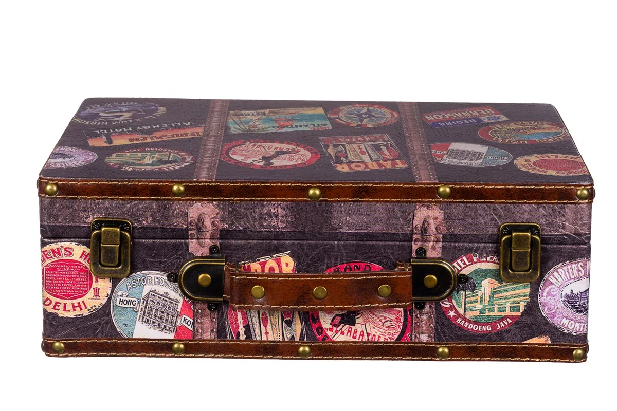 Valigia KD 1291 in legno rivestita in ecopelle con finitura in pelle, con inserti in metallo, in effetto anticato, di alta qualità, Bunt, Größe XL (36cm B x 25cm T x 12cm H )