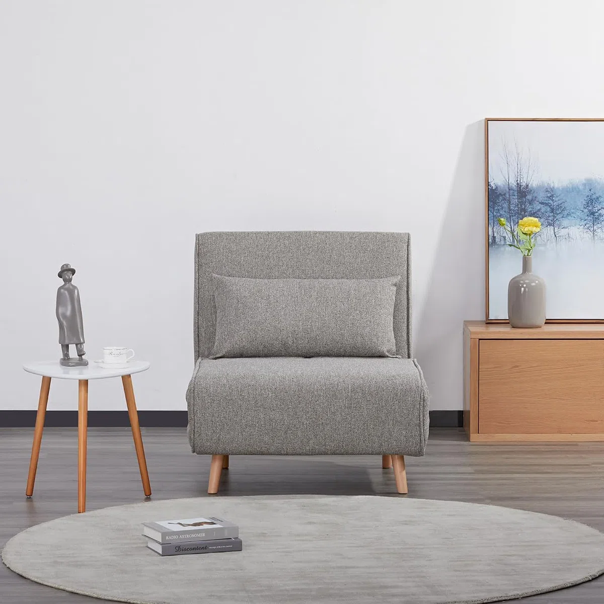 EVERGREENWEB Poltrona Letto Singolo con Cuscino Imbottito INCLUSO, Tessuto Grigio Chiaro, Divano 1 Posto Salvaspazio Pieghevole, Pouf Poggiapiedi, Schienale Regolabile Clic Clac, Gambe in Legno, FOLDY