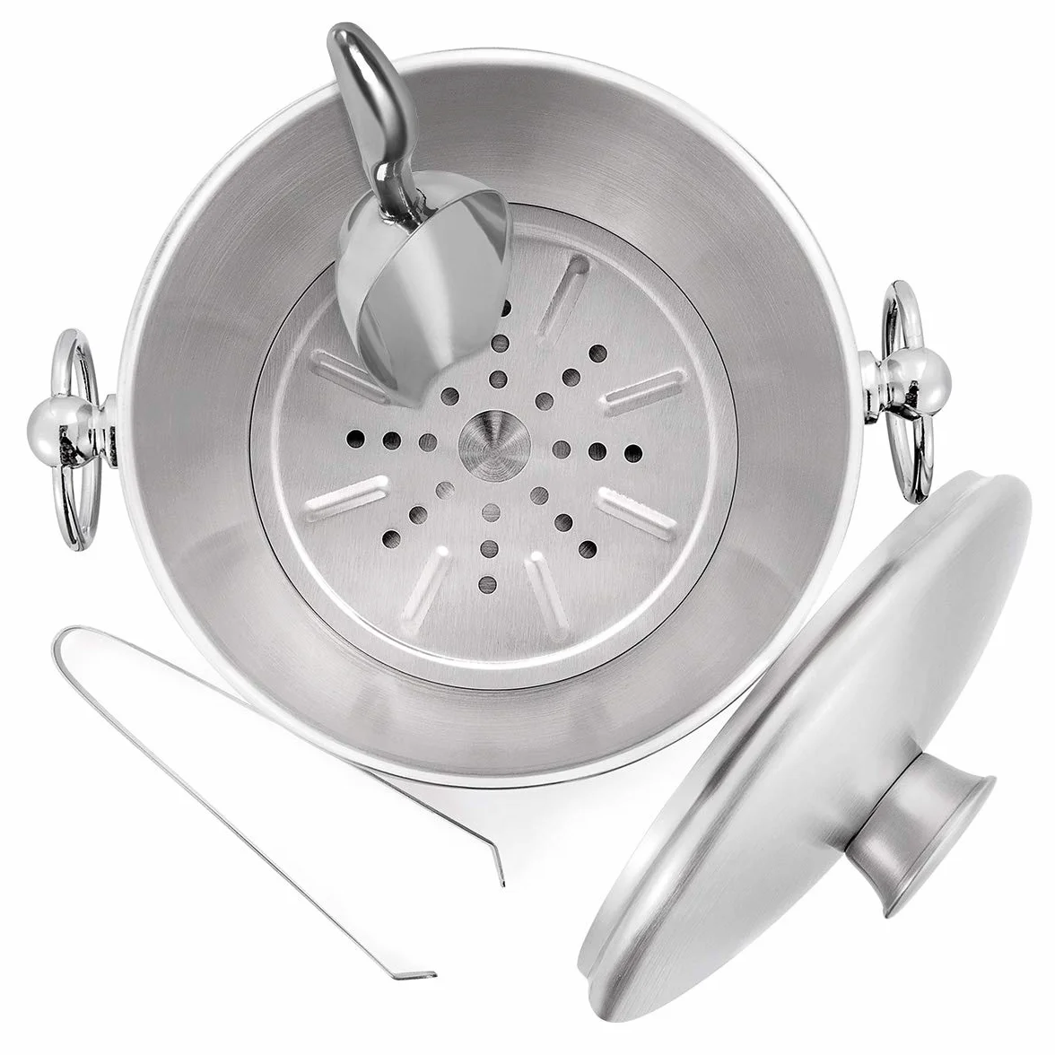 Secchiello per il ghiaccio isolato in acciaio inox con coperchio, paletta, pinze e colino, mantiene il ghiaccio congelato per cocktail e feste