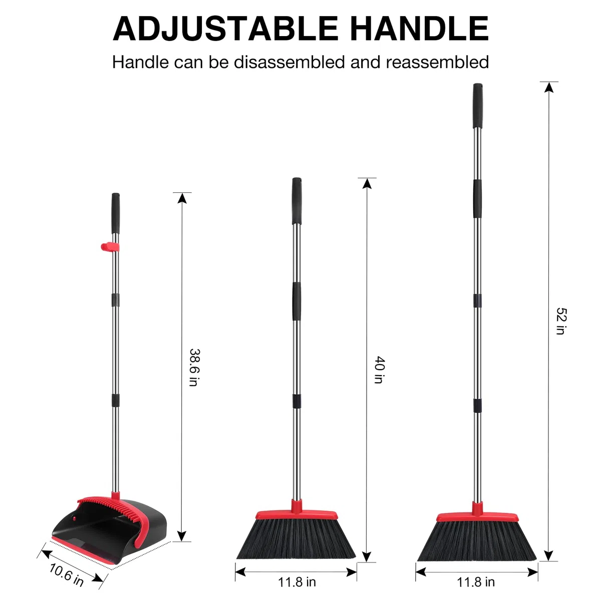 NACENA Set di scopa e paletta, manico regolabile lungo 132 cm, con denti per pulire automaticamente i capelli, adatto per casa, cucina, ufficio, corridoio, pavimento (nero e rosso)