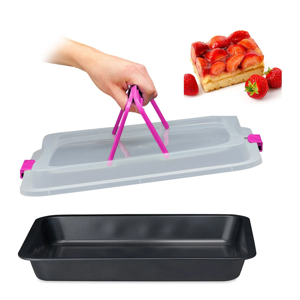 Relaxdays Teglia con Coperchio, Pirofila Rettangolare, Casseruola Portatorte con Manici, 3in1, LxP 40,5 x 32,5 cm, Rosa