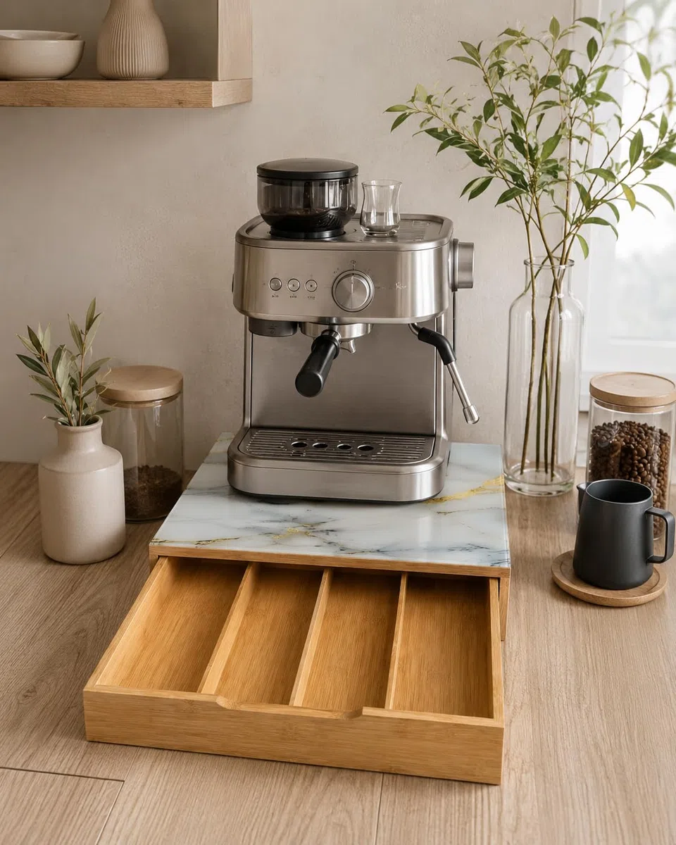 Cassetto Portacapsule in Bamboo con Piano in Vetro Effetto Marmo – Organizer Capsule Caffè 4 Scomparti, Porta Capsule e Cialde, Salvaspazio per Cucina e Coffee Station