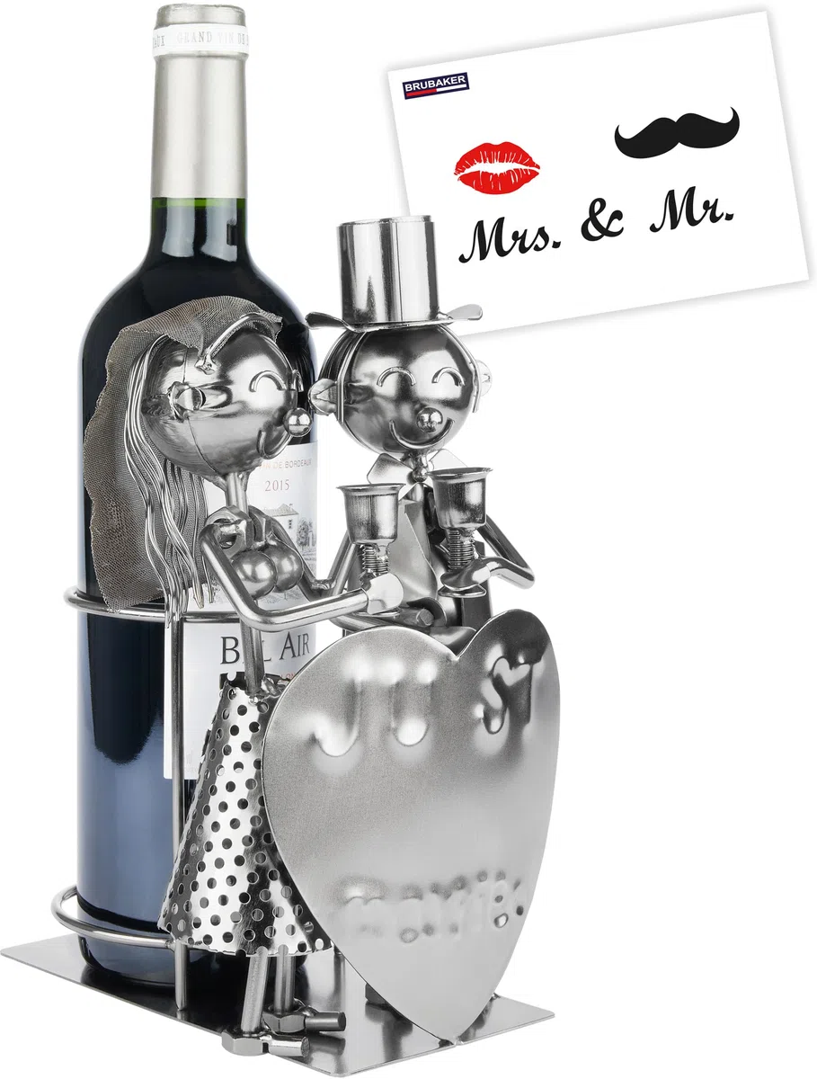 Brubaker Portabottiglia da Vino Just Married Coppia di Sposi - Scultura in Metallo Portabottiglia Coppia di Sposi - Regalo di Vino per Matrimonio - Portabottiglie con Carta Regalo