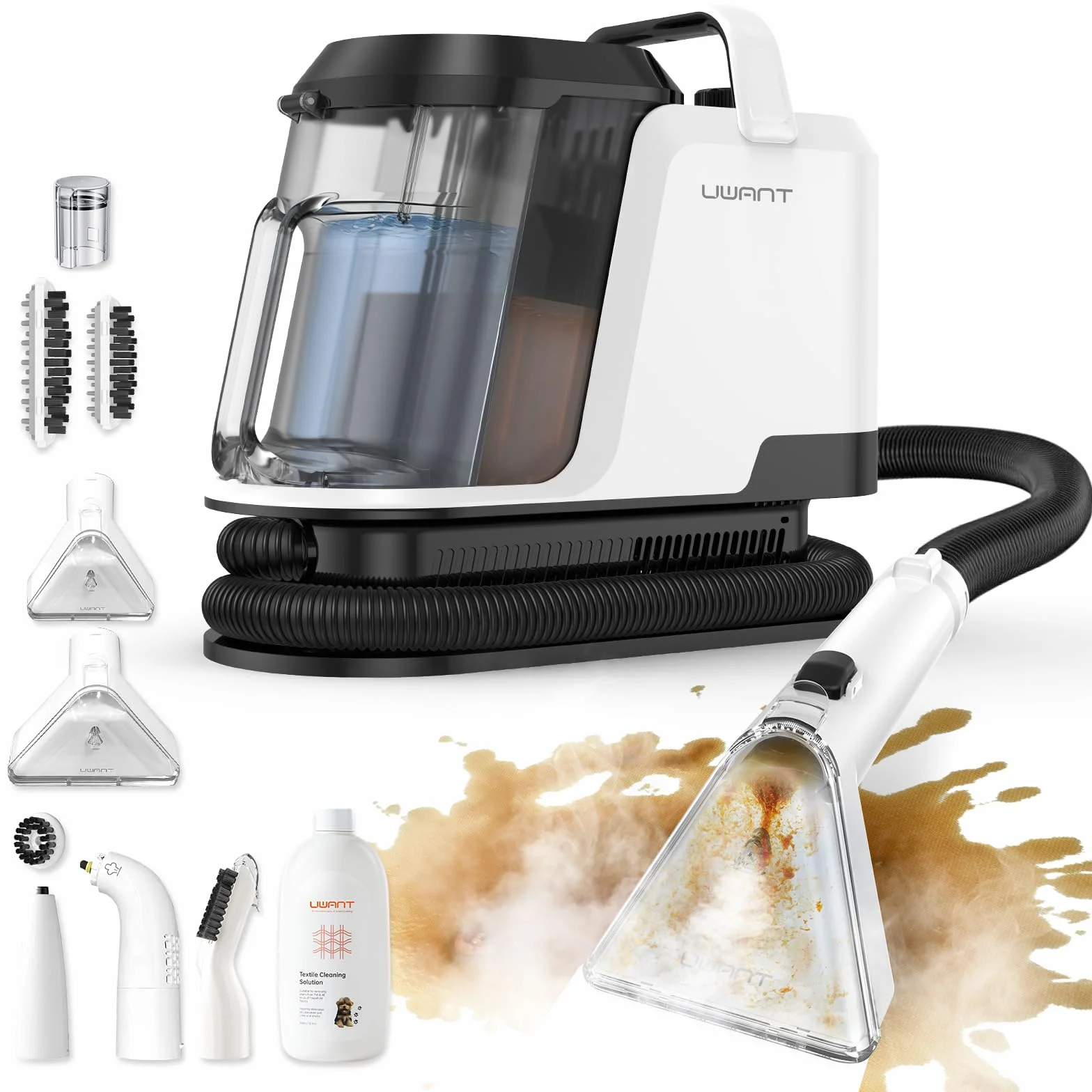 Uwant Lavatappeti Lava e Asciuga a Vapore Y100S 600W 18KPa, 3in1 Fredda/65℃ Calda/100℃ Vapore, Spazzole multiple Lava Divani/Tappeti/Auto/Cucina, 2.4L Serbatoio Auto-pulizia Portatile Lavatessuti