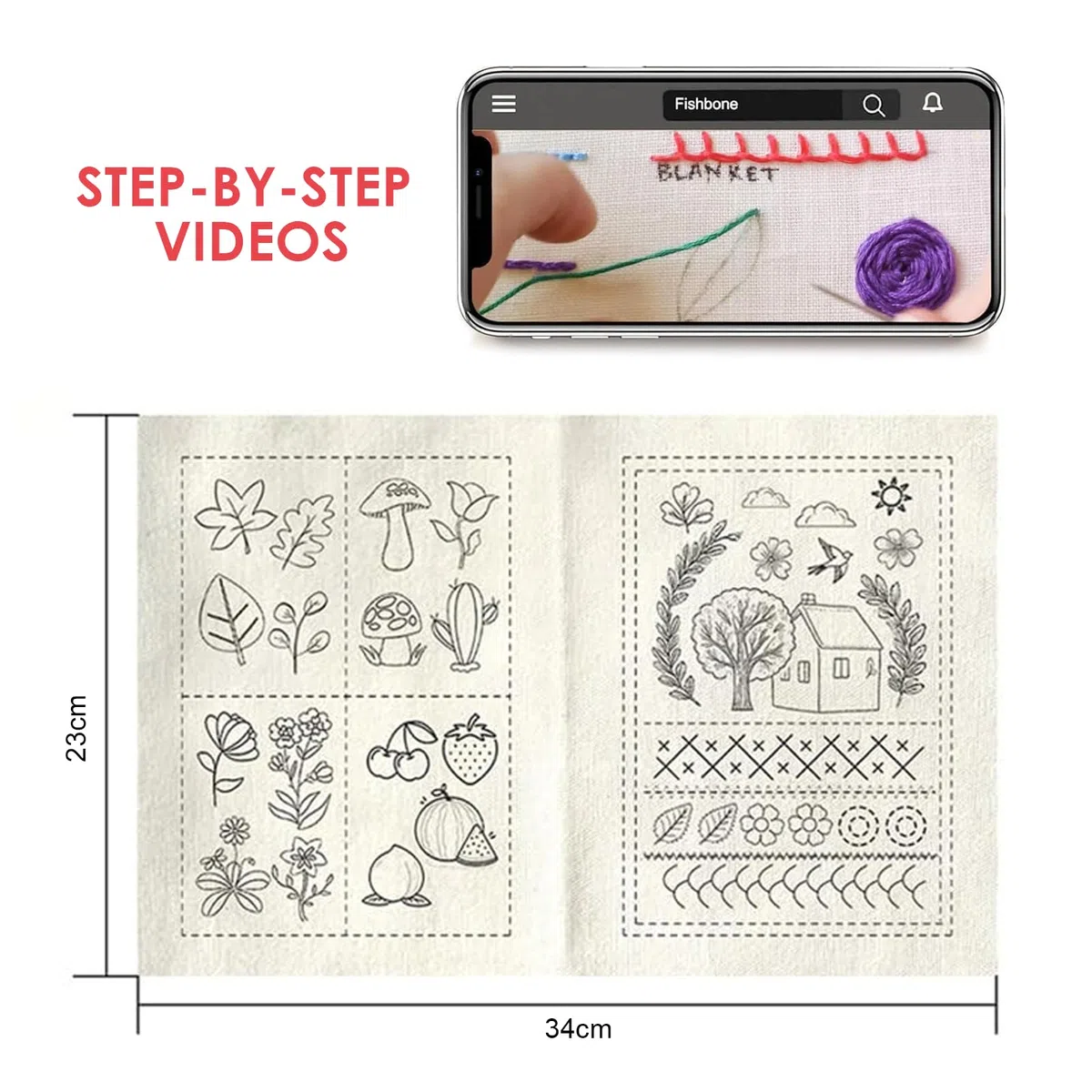 KINDLUME Libro Ricamo, Kit Ricamo per Principianti, Embroidery Book, Set Completo con 12 Aghi, Ditale, Infilago e Telaio, per Adulti, Regalo Creativo e Hobby Rilassante