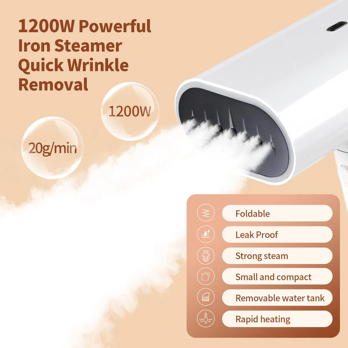 Vaporizzatore per abbigliamento, vaporizzatore a mano con vapore orizzontale e verticale, riscaldamento in 20 secondi, serbatoio dell'acqua da 120 ml, potenza di vapore costante