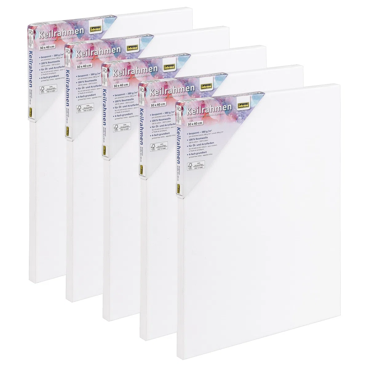 Idena 90953 - Tela bianca su telaio in legno, 100% cotone, 5 pezzi, circa 30 x 40 cm, grammatura 380 g/m², per colori ad olio e acrilici