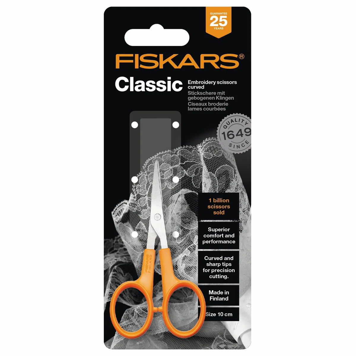 Fiskars Forbici da Ricamo e Manicure, Lunghezza: 10 cm, Per Destrimani e Mancini, Lama in Acciaio Inossidabile/Impugnature in Plastica, Arancione, Classic, 1005144