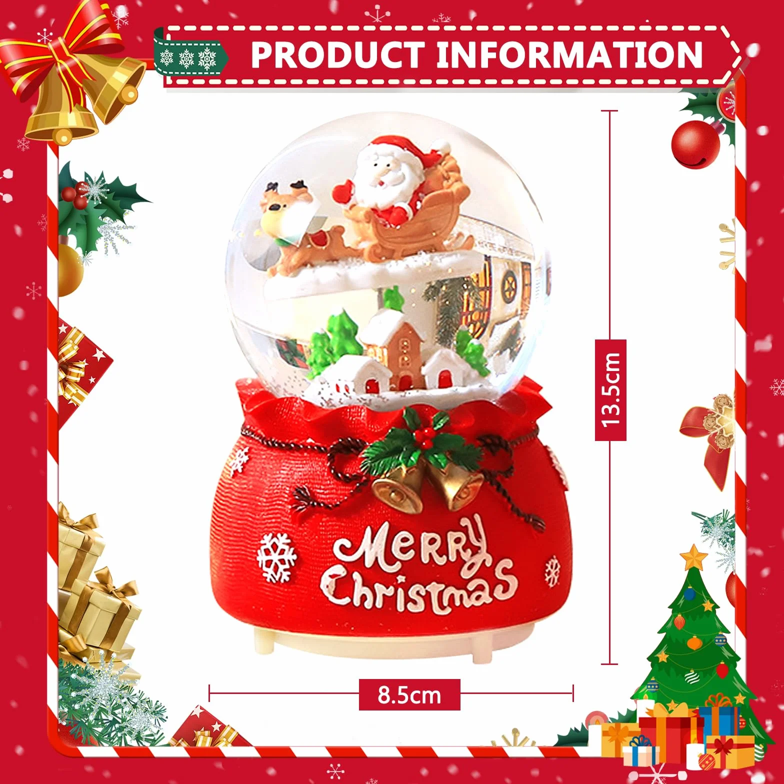 Palla di Neve Natalizia con Babbo Natale e Renne, Palla di Neve con Carillon e Luci, Palle di Neve Natalizie, Palla di Natale con Neve, Regali di Natale per Bambini, Ø 8,5 * 13.5cm