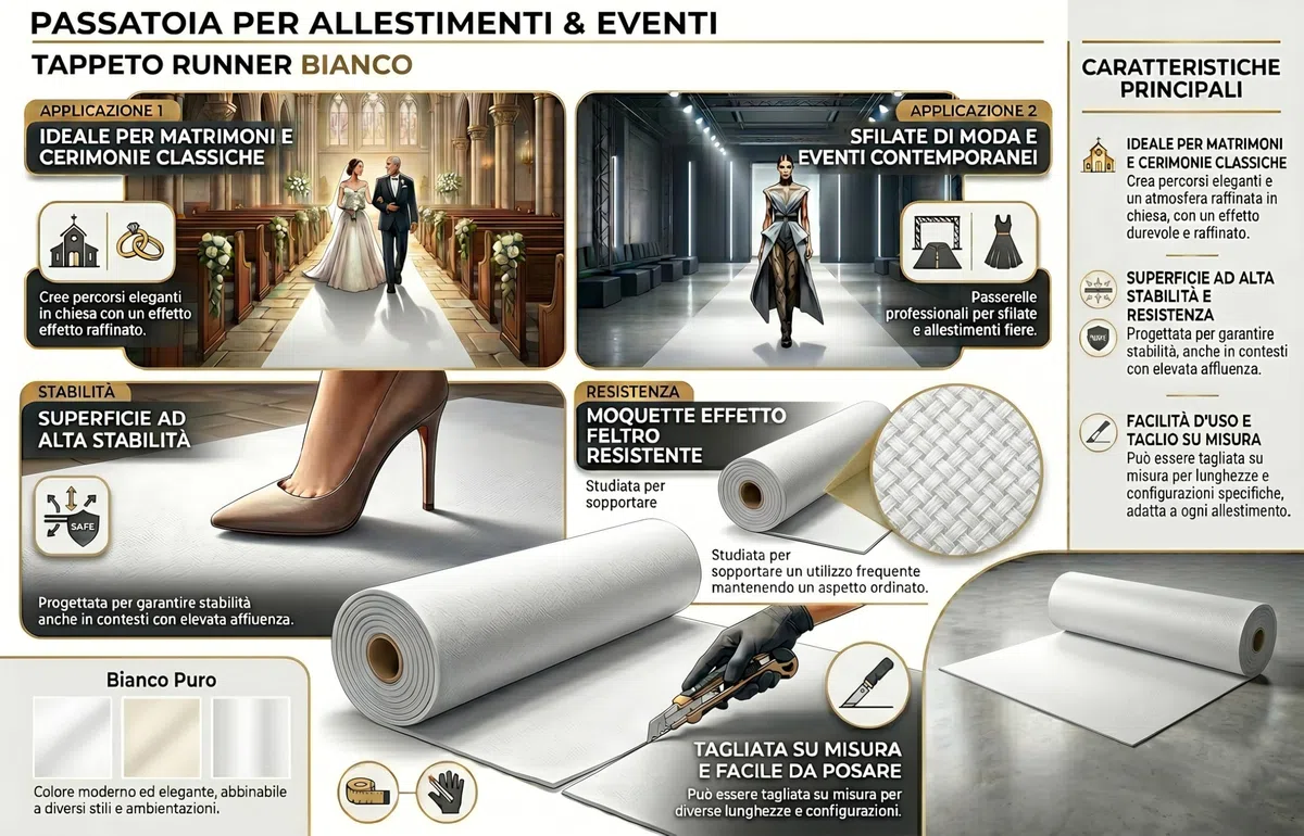 Passatoia Bianca Antiscivolo da Cerimonia, Tappeto Runner per Matrimoni, Chiesa, Eventi, Fiere, Ricevimenti, Allestimenti, Sfilate, Moquette Tessuto Resistente, Facile da Posare, Larghezza 1 o 2 metri