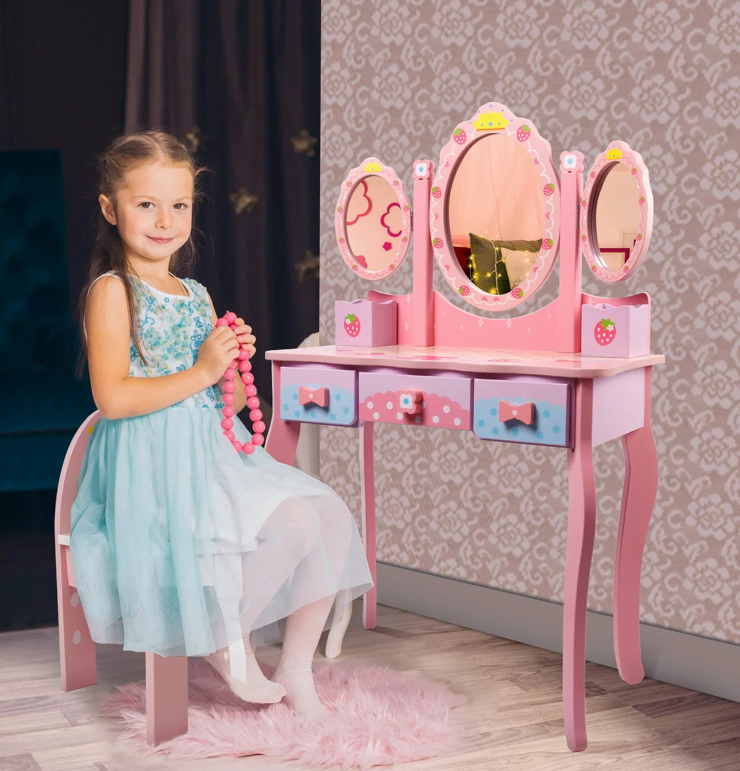 CCLIFE toeletta trucco bambina, toeletta trucco rosa 3 Specchio 3 Cassetti 1 Sgabelli 2 organizzatori, rosa