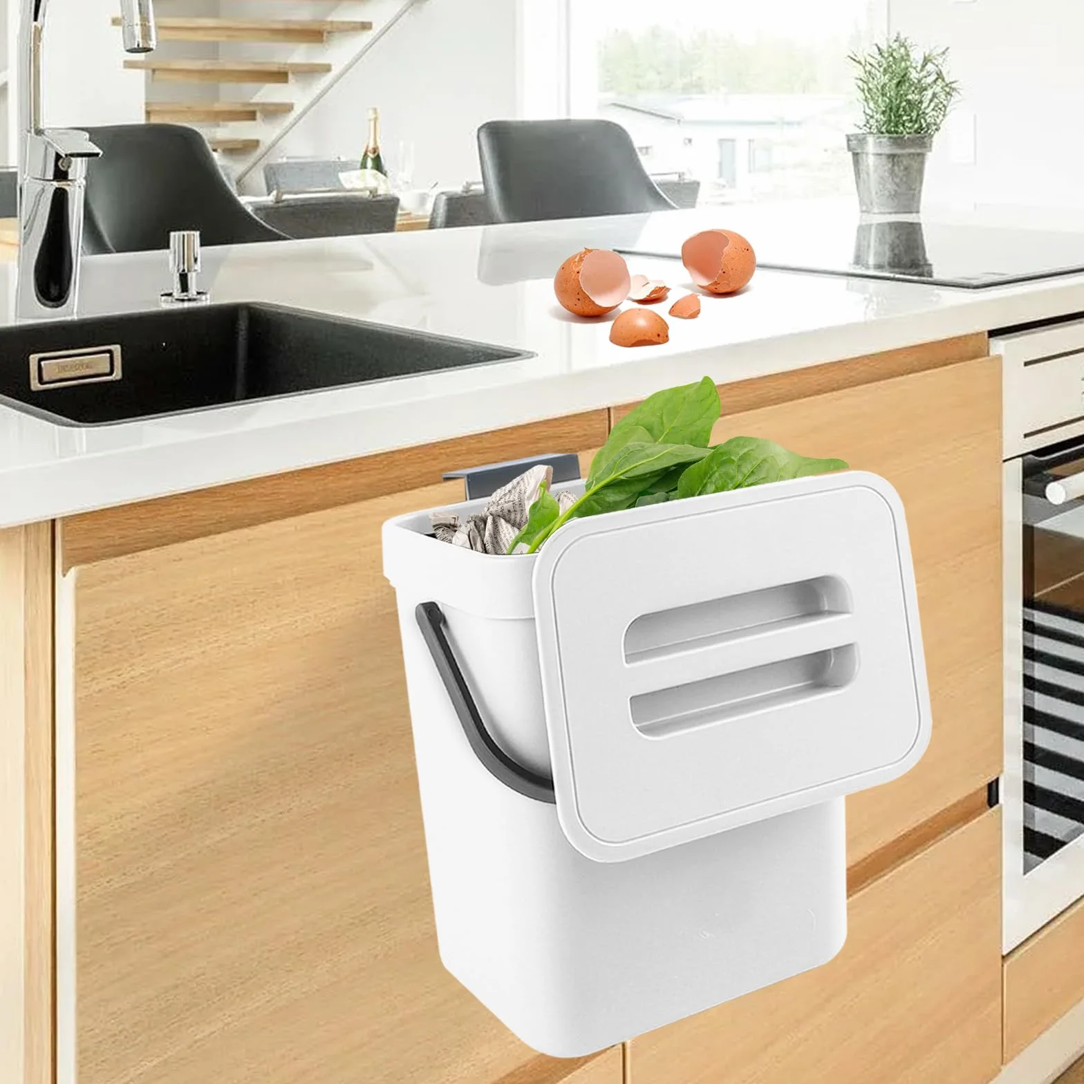 Secchio da Compost da Cucina Piccolo, Bidone della Spazzatura da Appendere, Biometro, Pattumiera per Piano di Lavoro, Contenitore con Coperchio, Compostiera, per Interni, 3 L, Bianco