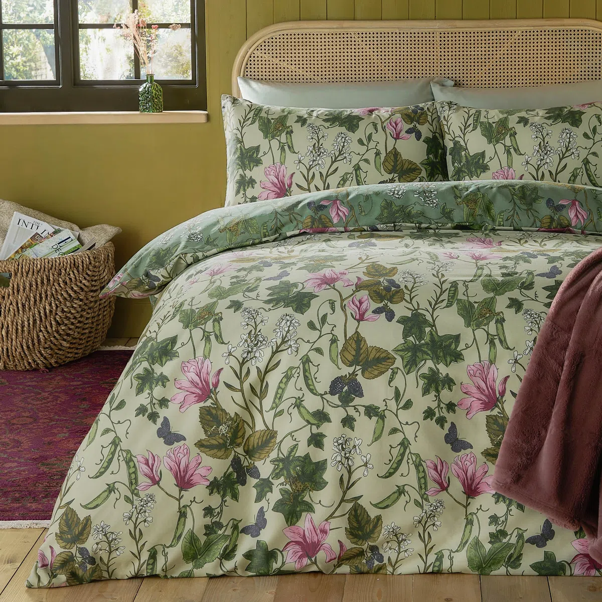 furn. Mystic Berry Set Copripiumino – Reversibile Motivo Floreale Botanico Frutta (Verde – Singolo – 137x200cm)