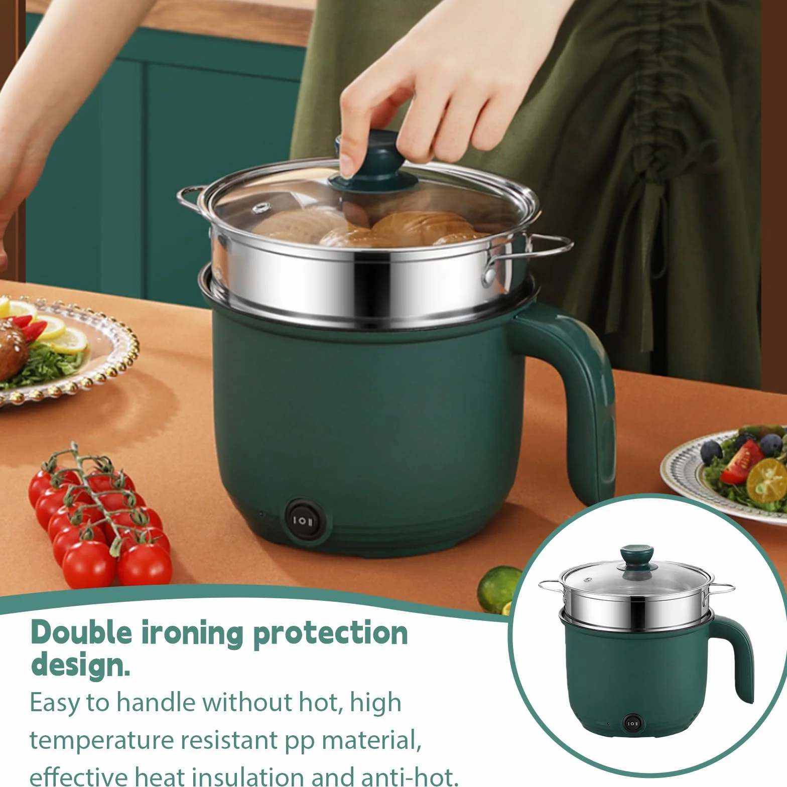 Hot Pot elettrico con piroscafo, mini portatile antiaderente multicooker, pentola elettrica multiuso padella elettrica elettrica elettrica per bistecca/pasta/zuppa/uovo/avena
